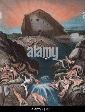 La colombe a envoyée depuis l'arche. La Genèse. Sainte Bible Illustration par Gustave Dore. 19e siècle. Banque D'Images