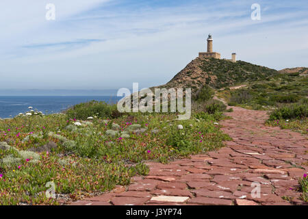 Capo Sandalo phare sur le point le plus à l'os St Pietro Île. Coin sud-ouest de la Sardaigne, Italie Banque D'Images