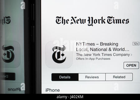 Hong Kong, Hong Kong. Le 08 mai, 2017. Un logo du New York Times présente sur le téléphone mobile le 8 mai 2017. Le New York Times est un journal quotidien publié pour la première fois le 18 septembre 1851. Ils ont également augmenter leurs affaires en ligne et mobiles du marché. Credit : Chan Hei Long/Pacific Press/Alamy Live News Banque D'Images