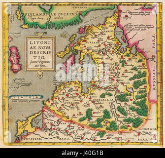 La 'Livoniae Nova Descriptio' est une carte créée entre 1573 et 1578, représentant la région de Livonie, une zone historique qui fait maintenant partie de l'Estonie et de la Lettonie modernes. Il est important pour son rôle dans la cartographie et la compréhension de la région Baltique à la fin de la Renaissance. Banque D'Images