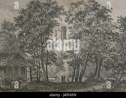 La Hougue Bie est un site mégalithique à Jersey, dans les îles Anglo-Normandes, avec une tombe de passage néolithique. La peinture de Philip John Ouless capture l’essence mystique et historique du site, connu pour son importance préhistorique et son architecture mégalithique. Banque D'Images