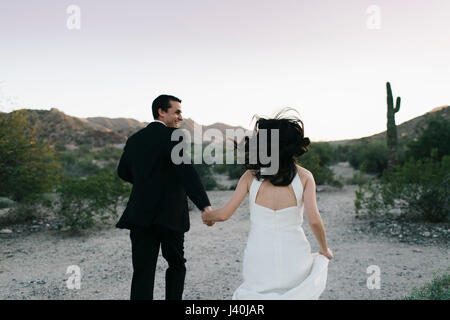Mariée et le marié dans paysage aride, tenant les mains, tournant, vue arrière Banque D'Images