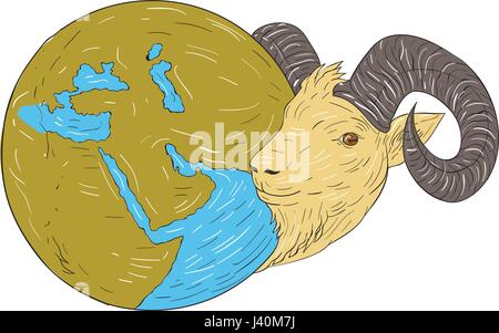 Croquis dessin illustration d'un style à la tête de vérin sur le côté avec globe carte montrant le Moyen-Orient. Illustration de Vecteur