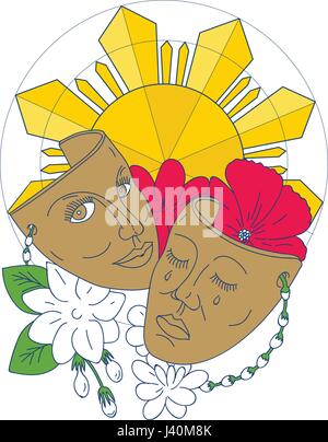 Style ligne mono illustration montrant un masque de théâtre ou d'hibiscus mauve rose et jasmin, Jasminum sambac d'arabie ou sampaguita et Philippi Illustration de Vecteur