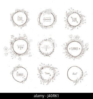 Dessiné à la main des éléments rustiques fleurs ensemble. Floral vecteur doodles, branches, fleurs, lauriers et cadres. Illustration de Vecteur