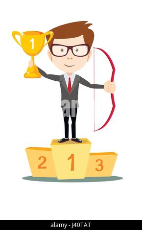 Homme debout , tenant fièrement gagné trophée et arc. Illustration de Vecteur