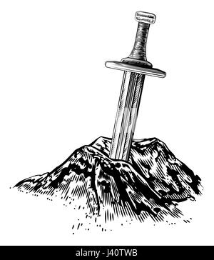 Une illustration style vintage d'Excalibur l'épée dans la pierre de la légende arthurienne Banque D'Images
