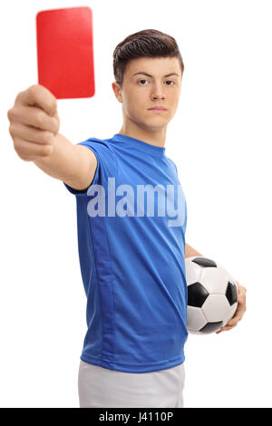 Teenage soccer player montrant une carte rouge isolé sur fond blanc Banque D'Images