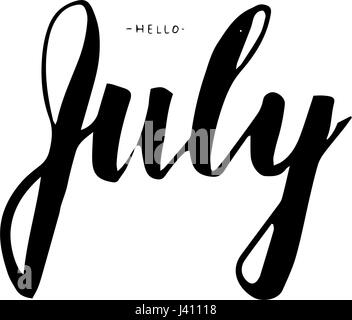 Bonjour lettrage Juillet imprimer. Illustration minimaliste de l'été. Calligraphie isolé sur fond blanc. Peut être utilisé pour poster, calendrier, cartes etc. Illustration de Vecteur