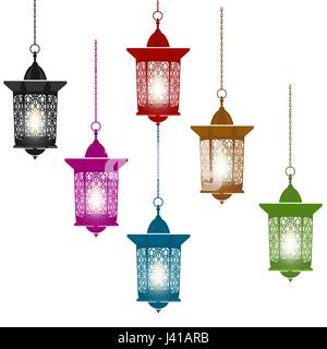 Ramadan Kareem. Six lanternes multicolores dans un style oriental accrocher sur les chaînes. Isolé sur fond blanc. Illustration de Vecteur