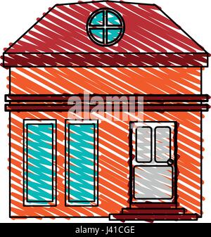 Crayon couleur façade cartoon bande petite maison avec grenier Illustration de Vecteur