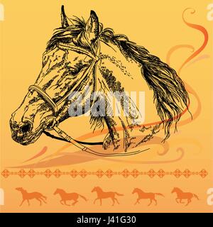 Fond orange avec grand dessin de cheval avec mors en noir et orange chevaux galopant silhouettes vector illustration Illustration de Vecteur