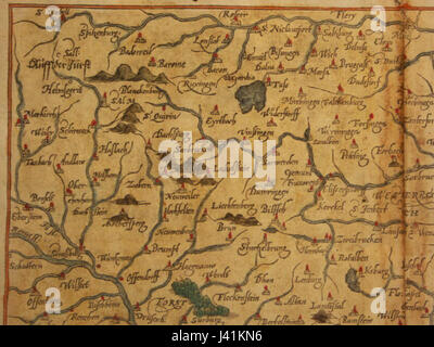 Cette carte montre le tracé géographique de la région du Rhin central dans le nord-ouest de l'Europe autour de l'an 1600. Il s'agit d'un document historique détaillant la topographie et les frontières politiques de l'époque. Banque D'Images