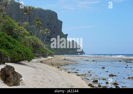 Paysage côtier robuste sur le littoral de l'île de Rurutu avec eroded cliff et végétation tropicale, l'océan Pacifique, Australes, Polynésie Française Banque D'Images