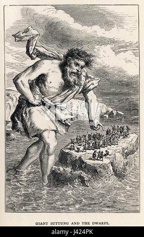 *Suttung géant et les nains* de Louis Huard est une peinture ou une interprétation artistique qui dépeint probablement une scène de la mythologie nordique. Suttung est un géant de la mythologie, et les nains sont présentés dans le récit. L'œuvre explore les thèmes de la narration mythologique. Banque D'Images