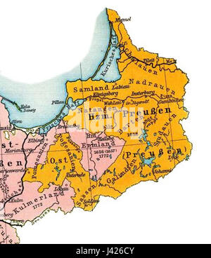 Carte historique représentant la région de Prusse orientale telle qu'elle apparaissait en 1648, illustrant les limites territoriales et les caractéristiques géographiques. Banque D'Images