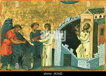 Le Ménologion de Basile est un manuscrit enluminé qui contient le synaxarion (calendrier des saints) et divers textes liturgiques. Il s'agit d'un artefact important de la tradition chrétienne byzantine, fournissant un aperçu de l'observance religieuse et du style artistique. Banque D'Images