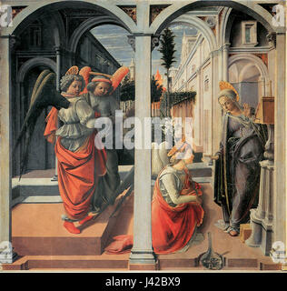 'Annunciazione Martelli' de l'artiste italien de la Renaissance Fra Filippo Lippi, représente la scène de l'Annonciation. Cette œuvre, créée au XVe siècle, met en valeur la maîtrise de Lippi dans la représentation de thèmes religieux et son utilisation délicate de la couleur et de la lumière à la Renaissance Banque D'Images