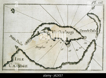 Cette carte de Joseph Roux, créée en 1804, illustre la géographie de l'île de Gramvousa en Crète. Il donne un aperçu de la topographie de l'île, des caractéristiques naturelles et potentiellement de son importance stratégique au début du XIXe siècle. Banque D'Images