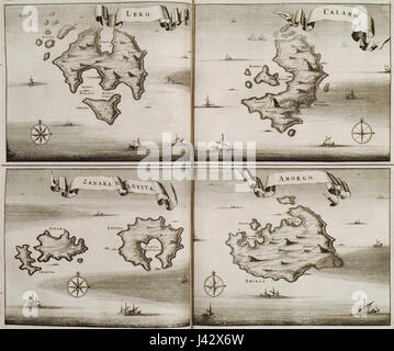 Cette carte de 1688 de Dapper Olfert illustre les îles de Leros, Levitha, Kinaros, Calymnos et Amorgos. La carte fournit une représentation détaillée de ces îles de la mer Égée, mettant en évidence leurs caractéristiques géographiques et leur positionnement dans la région. Banque D'Images