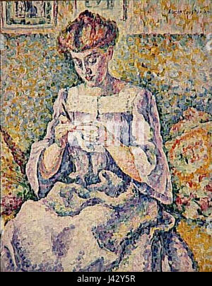 Cette œuvre de Lucie Cousturier met en scène une femme engagée dans l’artisanat du crochet, capturant les détails fins de cette activité textile traditionnelle. Banque D'Images