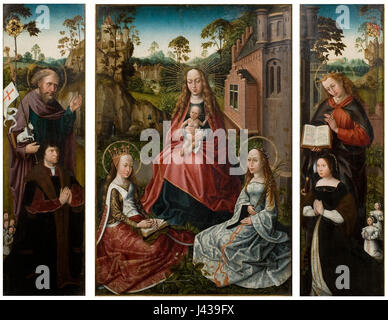 L’œuvre du Master of Annaâ€™ présente une scène de Madone et enfant avec des saints et des donateurs, représentant une composition religieuse dans l’art européen, probablement de la fin du moyen âge ou du début de la Renaissance. Banque D'Images