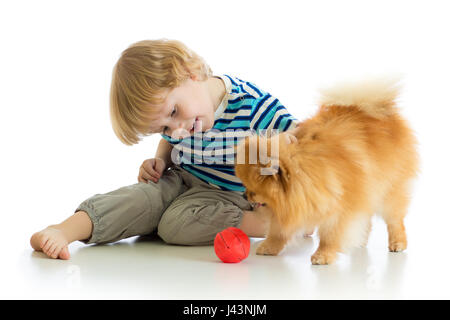 Little boy playing with dog, isolé sur fond blanc Banque D'Images
