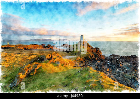Une aquarelle du phare sur la magnifique île de Llanddyn Anglesy sur la côte du Pays de Galles Banque D'Images