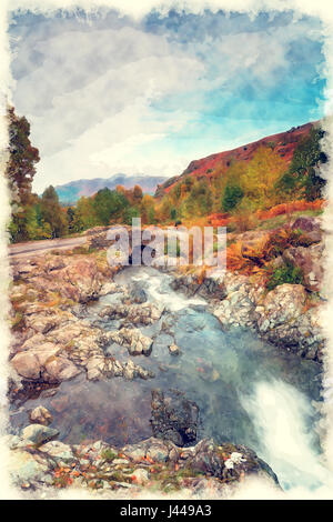 Une peinture de pont au dessus d'Ashness Derwentwater dans le Parc National de Lake District en Cumbrie Banque D'Images