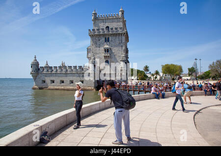 Le Portugal, l'Estredmadura, Lisbonne, Belém, Torre de Belem construit comme forteresse tour entre 1515-1521 sur les rives du Tage. Banque D'Images