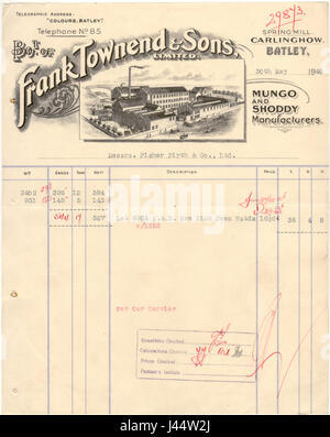 Facture de Mungo et fabricant de pacotille Frank Townend & Sons, Batley, dans le Yorkshire, Mai 1940 Banque D'Images