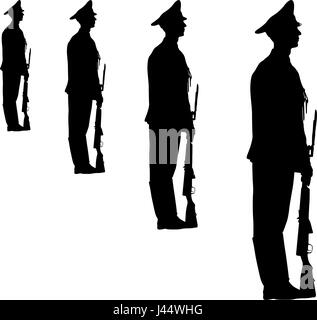 Silhouette noire soldat marche avec armoiries sur parade Illustration de Vecteur