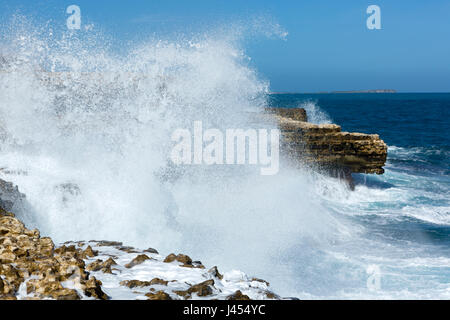 Antigua, Océan Atlantique littoral rocheux avec vagues blanc Banque D'Images