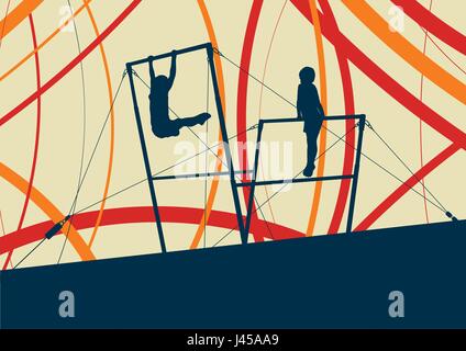 Gymnaste athlète exercices sur les barres asymétriques gymnastique professionnel dans le sport palace abstract vector background Illustration de Vecteur
