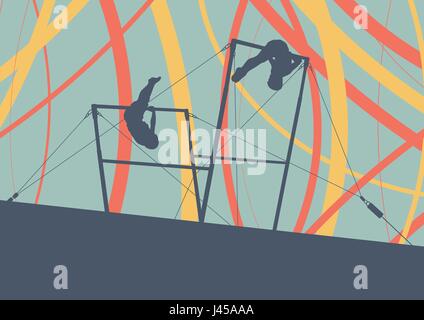 Gymnaste athlète exercices sur les barres asymétriques gymnastique professionnel dans le sport palace abstract vector background Illustration de Vecteur