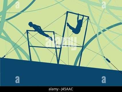 Gymnaste athlète exercices sur les barres asymétriques gymnastique professionnel dans le sport palace abstract vector background Illustration de Vecteur