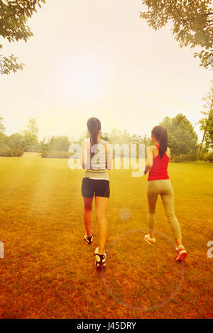 Deux jeunes filles courir dans le parc sur l'herbe. Vue arrière de la lumière du soleil du matin Banque D'Images