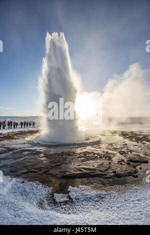 Strokkur geyser au parc géothermique de Geysir en Islande. Une partie de la célèbre Golden circle tour dans le sud-ouest de l'Islande. Banque D'Images