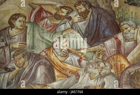 L'église de Theotokos Peribleptos à Ohrid, en Macédoine, est réputée pour ses superbes peintures, qui représentent des thèmes religieux importants. Ces œuvres sont des exemples significatifs de l'art byzantin, mettant en valeur le riche patrimoine culturel et spirituel de la région. Banque D'Images