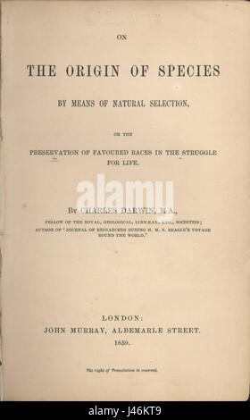 Une référence à la page de titre de l'ouvrage révolutionnaire de Charles Darwin, « on the Origin of Species », qui introduit la théorie de la sélection naturelle et change le cours de la biologie et de la science de l'évolution. Banque D'Images