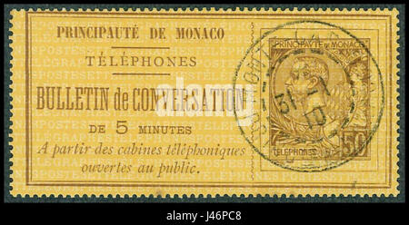 Monaco vers 1892 50c téléphone stamp utilisé 1910