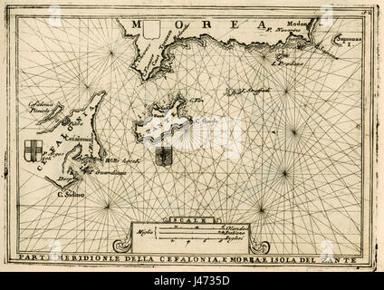 Cette carte de Vincenzo Coronelli de 1688 représente la partie sud de la Céphalonie, la Morée et l'île de Zante. Le travail détaillé de Coronelli représente la configuration géographique de ces régions à la fin du XVIIe siècle. Banque D'Images