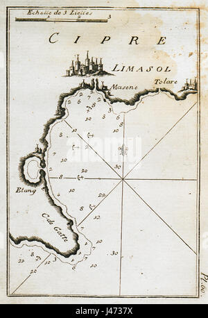 Cette carte partielle de 1804 réalisée par Joseph Roux illustre la baie d'Acrotiri et le port de Lemessos, offrant une perspective historique importante sur la navigation et la géographie côtière de la région. Banque D'Images
