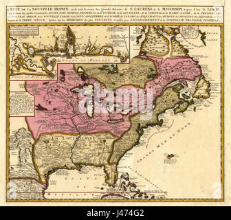 Cette carte, « Nouvelle France » de Nicolas de fer, créée en 1745, représente les territoires coloniaux français en Amérique du Nord, couvrant des régions qui deviendront plus tard le Canada et certaines parties des États-Unis. Banque D'Images