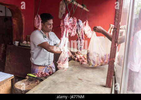 Une boucherie musulmane sert un client dans un magasin à Negombo, Sri Lanka. Banque D'Images