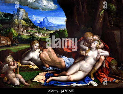 Un sacrifice païen 1526 1481 1559 par Garofalo - Italie italien (son travail est une copie d'un ancien rite mystérieux décrit sur une sculpture dans l'étrange "Hypnerotomachia Poliphili antiquaire romance' (Rêve d'Poliphilus) qui a été publiée à Venise en 1499. ) Banque D'Images