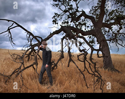 Homme avec une barbiche rouge portant un pantalon gris et une chemise de cow-boy black denim et un chapeau brun crieur est sous un chêne dans une prairie brown Banque D'Images