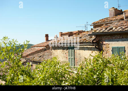 Paysage avec des toits de maisons de petite ville toscane Castelmuzio, Italie Banque D'Images