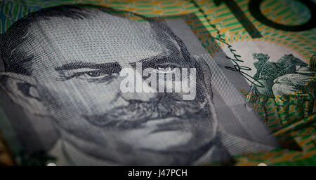 Closuep extrême de Sir John Monash portrait imprimé sur l'Australie un billet de cent dollars avec une faible profondeur de champ Banque D'Images