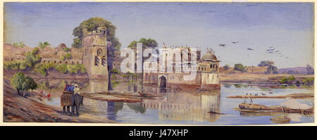 Peinture à l'huile représentant le palais de Padmini dans un fort entouré d'un réservoir d'eau, illustrant la beauté architecturale du Rajasthan. Banque D'Images